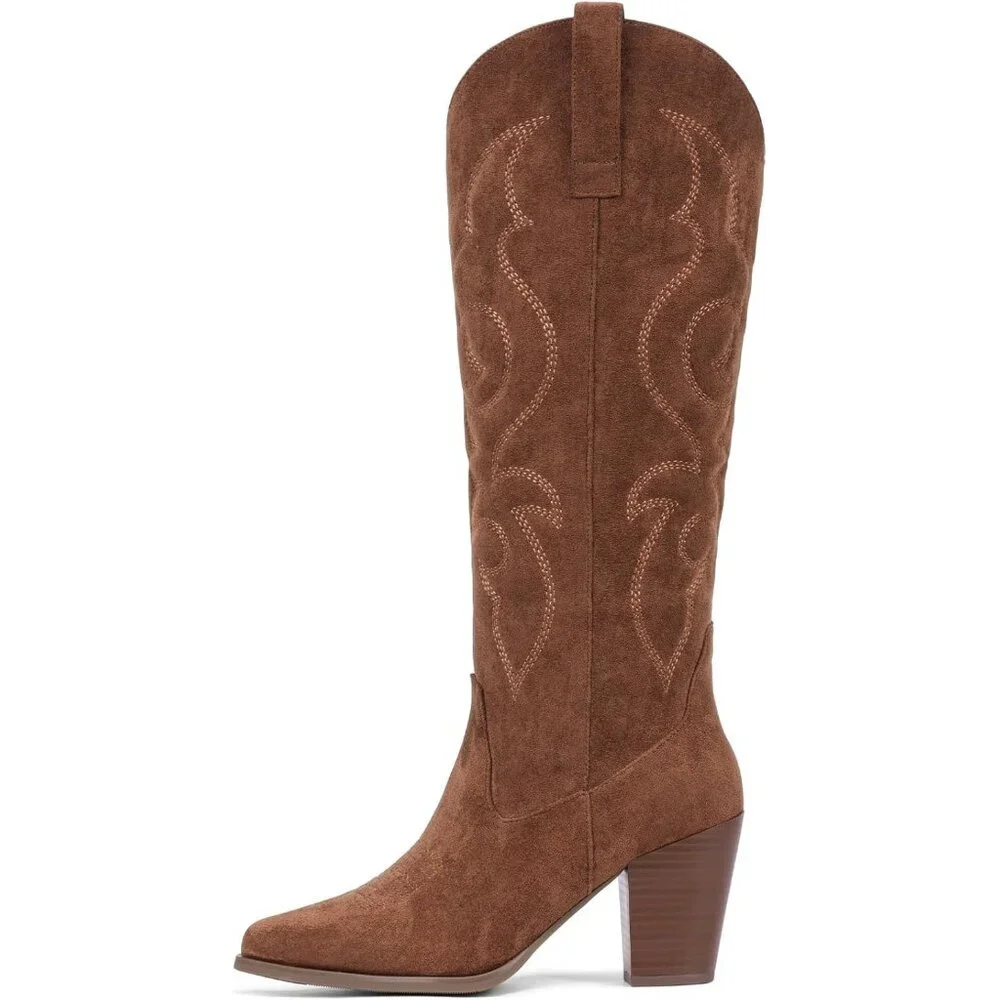 Women Brown Suede Western Knee High Cowgirl Boots with Side Zipper Retro Pointed